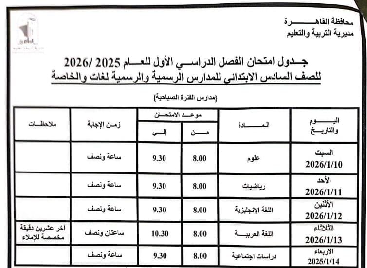 جدول امتحانات الفصل الدراسي الأول