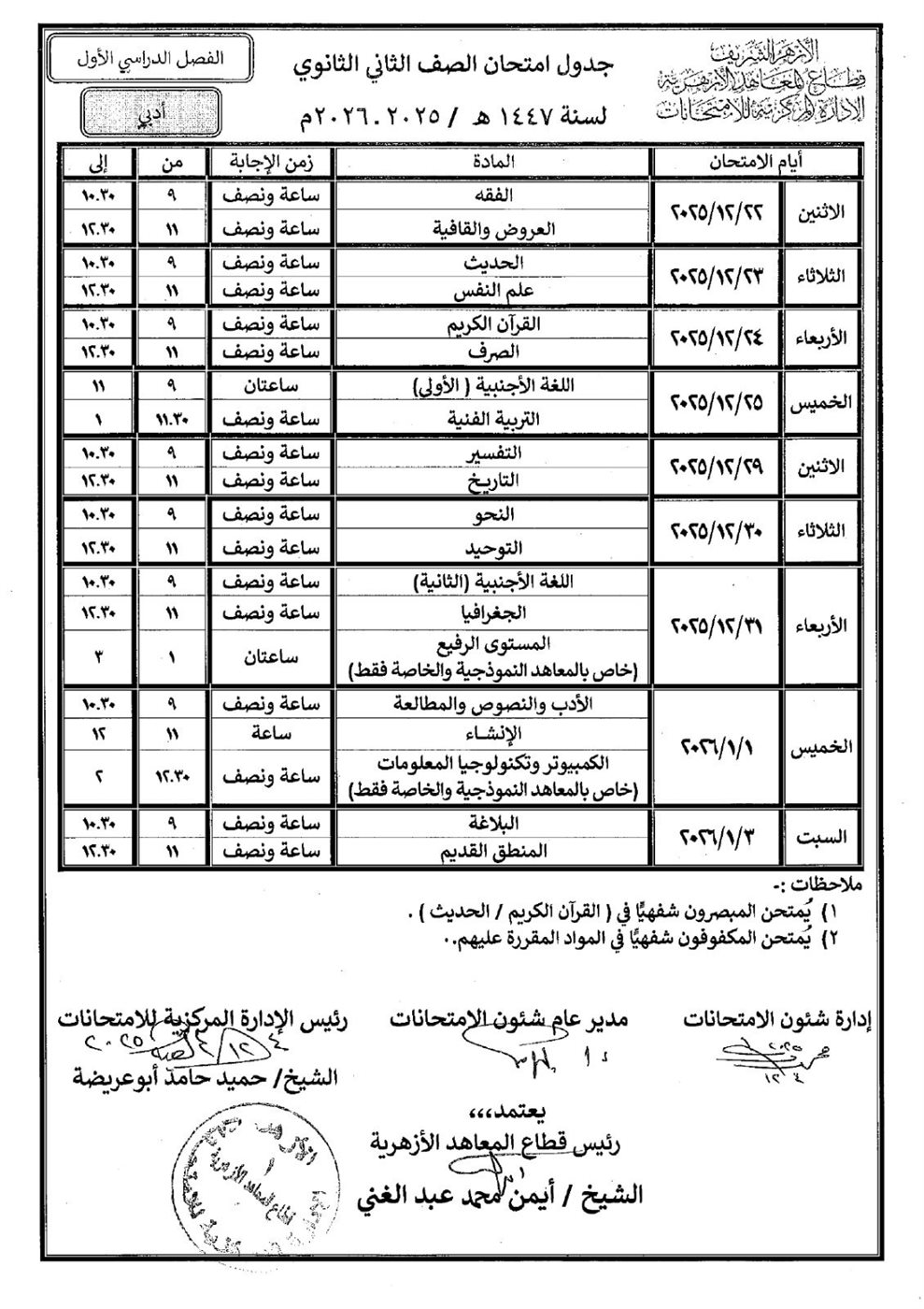 انطلاق امتحانات الفصل الدراسي الأول لصفوف النقل الثانوي الأزهري 2025 / 2026