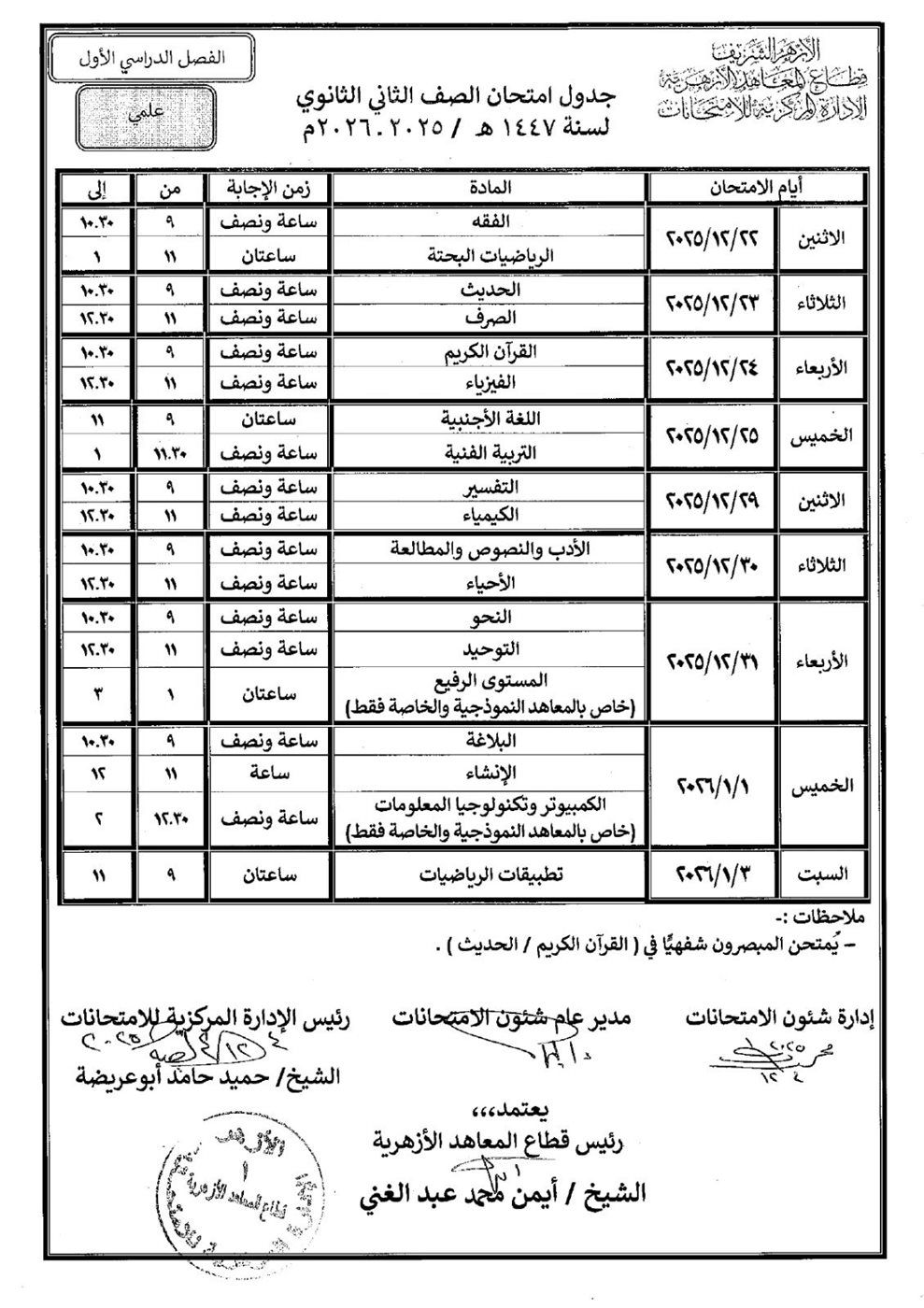 انطلاق امتحانات الفصل الدراسي الأول لصفوف النقل الثانوي الأزهري 2025 / 2026