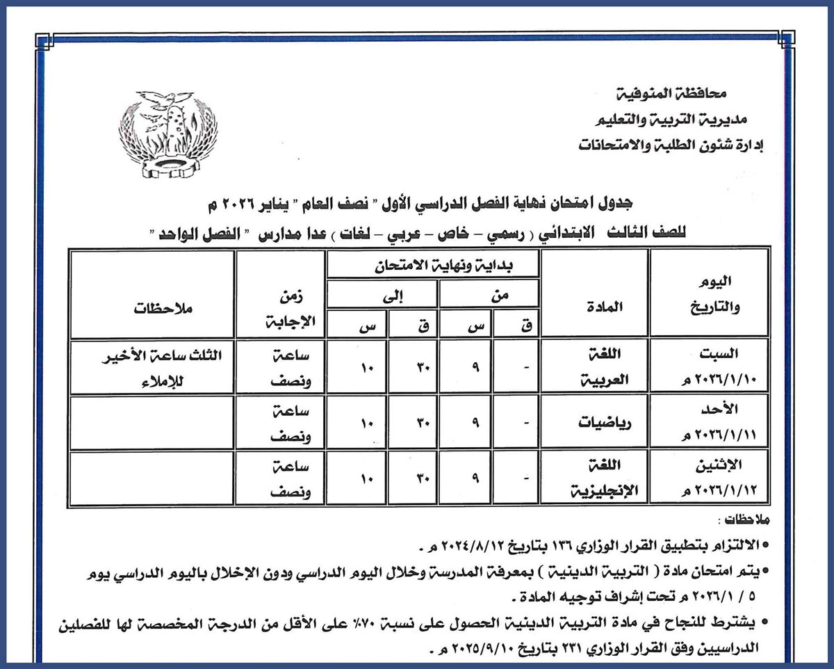 ننشر مواعيد امتحانات الفصل الدراسي الأول بالمنوفية