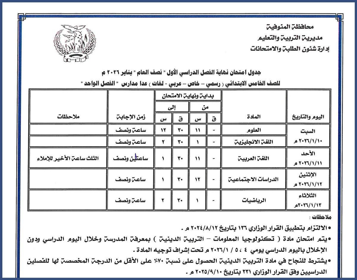 ننشر مواعيد امتحانات الفصل الدراسي الأول بالمنوفية