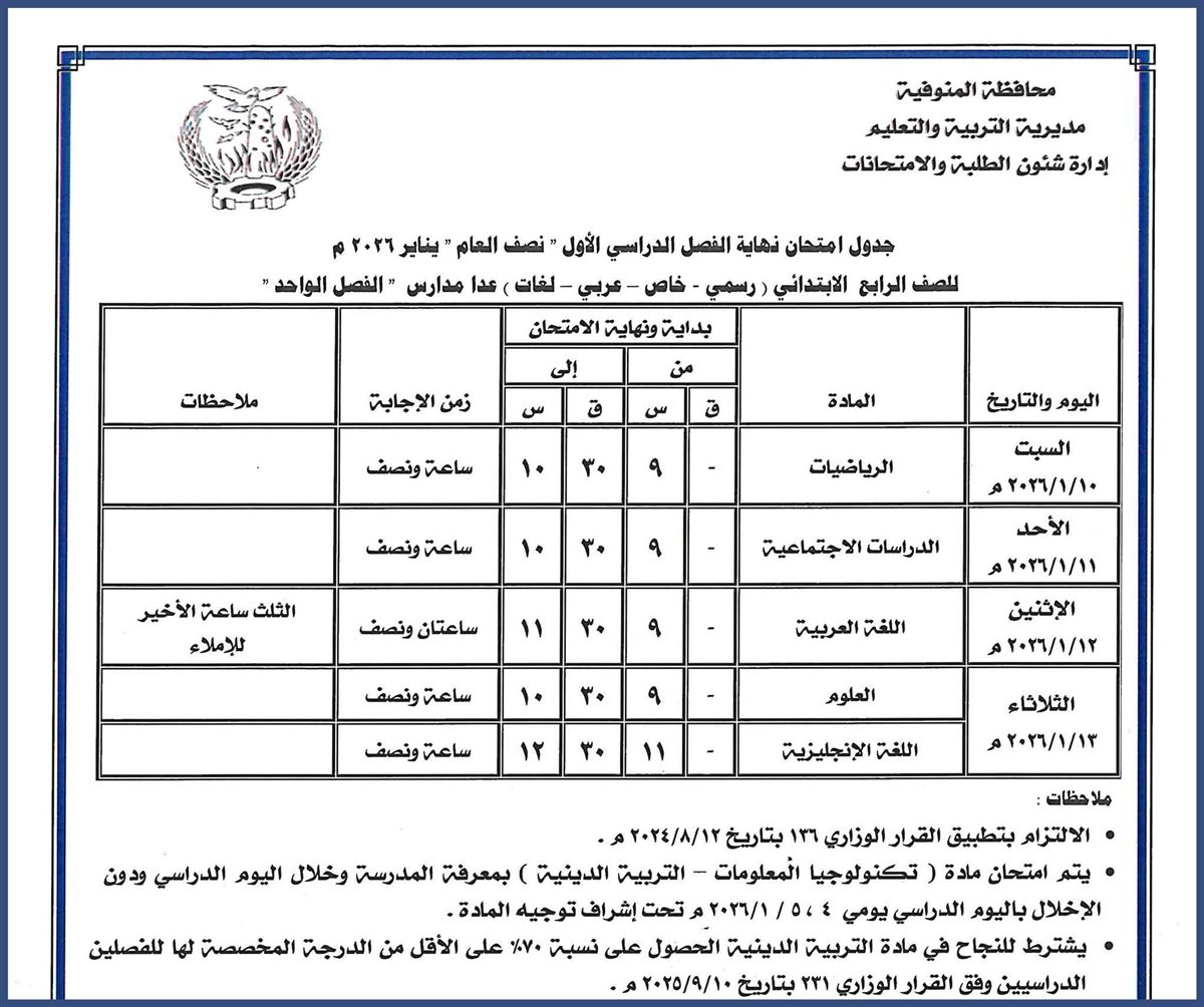 ننشر مواعيد امتحانات الفصل الدراسي الأول بالمنوفية