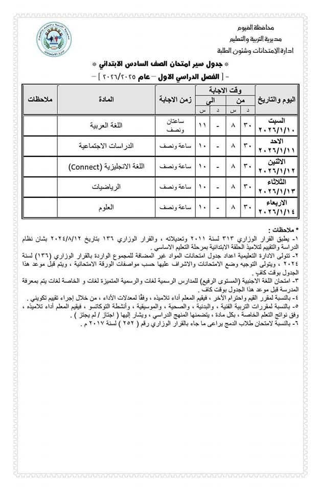 اعتماد جدول امتحانات الصف السادس الابتدائي للفصل الدراسي الأول 2025/2026 بمحافظة الفيوم