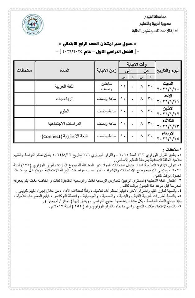 تعليم الفيوم يعتمد جدول امتحانات الصف الثاني الثانوي العام للفصل الدراسي الأول 2025/2026