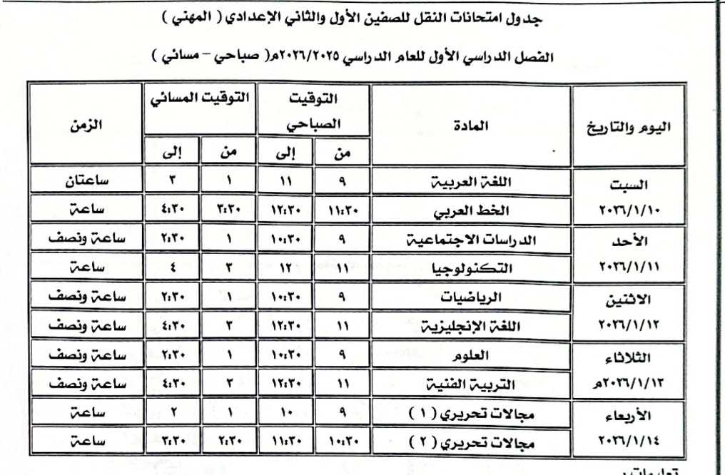 جدول امتحانات نصف العام بكفر الشيخ