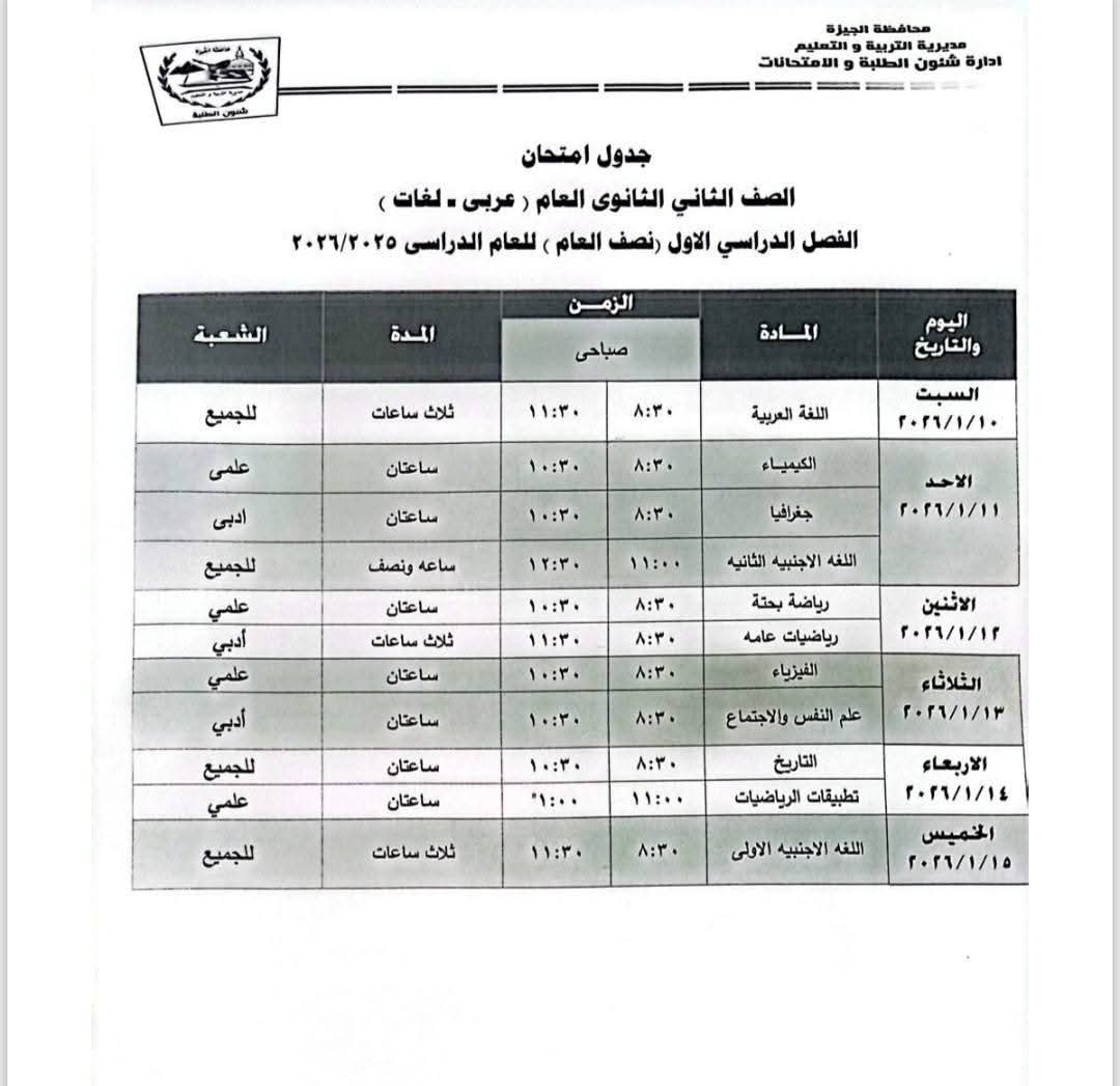 جداول امتحانات الترم الأول لطلاب الصفين الأول والثاني الثانوي