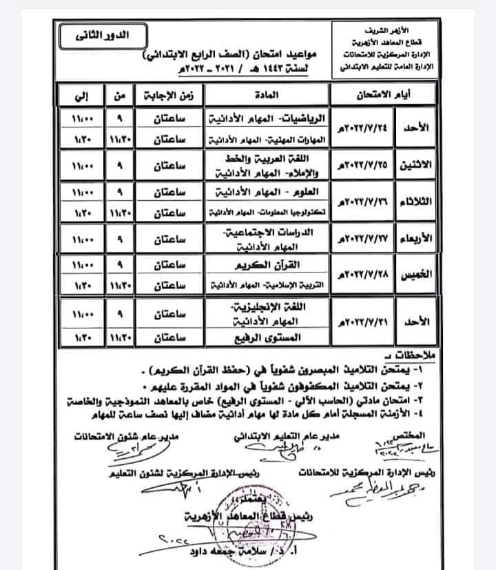 امتحانات صفوف النقل الأزهري