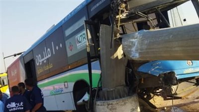 إصابة 3 أشخاص في تصادم أتوبيس بعمود إنارة وسيارتين بحدائق الأهرام | صور