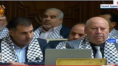 أعضاء البرلمان العربي يرتدون وشاح علم فلسطين خلال جلسة بمقر جامعة الدول العربية