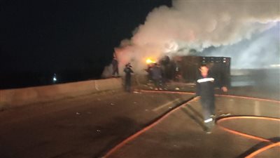 تفاصيل انقلاب تريلا واشتعال النيران بكابينة القيادة في الدقهلية | صور