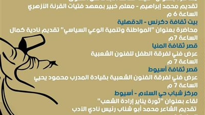 أجندة قصور الثقافة| مشاركة ثرية بمعرض الكتاب وانطلاق أسبوع جديد لشباب أهل مصر