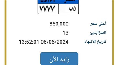 ن ب 7777.. 13 شخصًا يتنافسون على لوحة مرور مميزة بـ 850 ألف جنيه