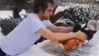 أب يستخدم صغيره البالغ من العمر ثلاثة أشهر لمسح الثلوج عن السيارة