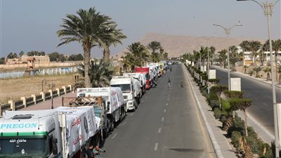 انطلاق 17 شاحنة مواد غذائية وبطاطين من جنوب سيناء إلى غزة| صور