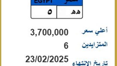  هـ هـ 5.. لوحة مرور مميزة بسعر يقارب 4 ملايين جنيه