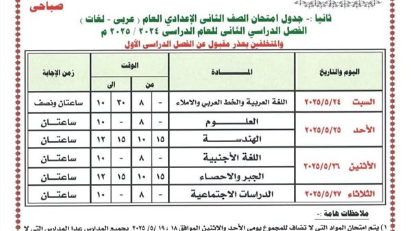جدول امتحانات الصف