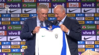 خلال مؤتمر تقديمه.. أنشيلوتي يتلقى التهنئة من أساطير البرازيل