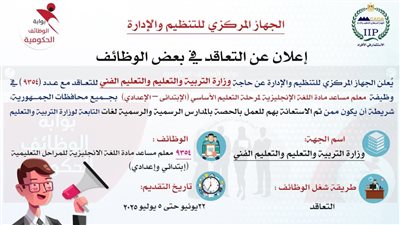 التنظيم والإدارة تعلن مسابقة لشغل 9354 وظيفة معلم مساعد مادة اللغة الإنجليزية لمرحلة التعليم الأساسي