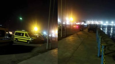 انتشال جثة ونقل مصاب للمستشفى إثر سقوط سيارتين نقل من معدية في بورسعيد