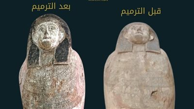 من قلب مخزن الأشمونين.. أيادي الترميم تعيد الحياة لتابوت خشبي نادر| صور 