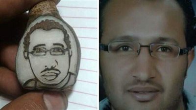 رسم محمد صلاح وأسماء الله الحسنى.. محمود ينحت الشخصيات على ثمرة الدوم| صور