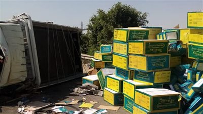 انقلاب سيارة محملة بالكراتين بطريق مصر - إسكندرية الزراعي أمام قها