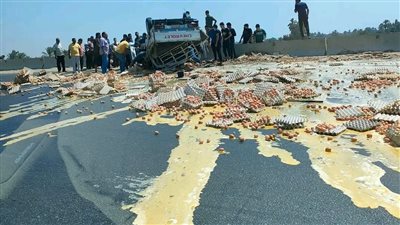 انقلاب سيارة محملة بالبيض على الدائري الإقليمي قرب بنها | صور