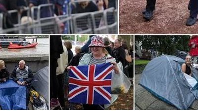 بالخيام والأعلام.. الشعب البريطاني يتجمهر بالشوارع في انتظار نعش الملكة إليزابيث المتجول
